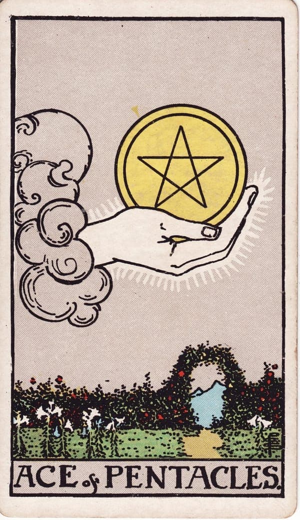 Ace of Pentacles tarot card: A hand from a cloud offers a great golden pentacle above a lush garden.