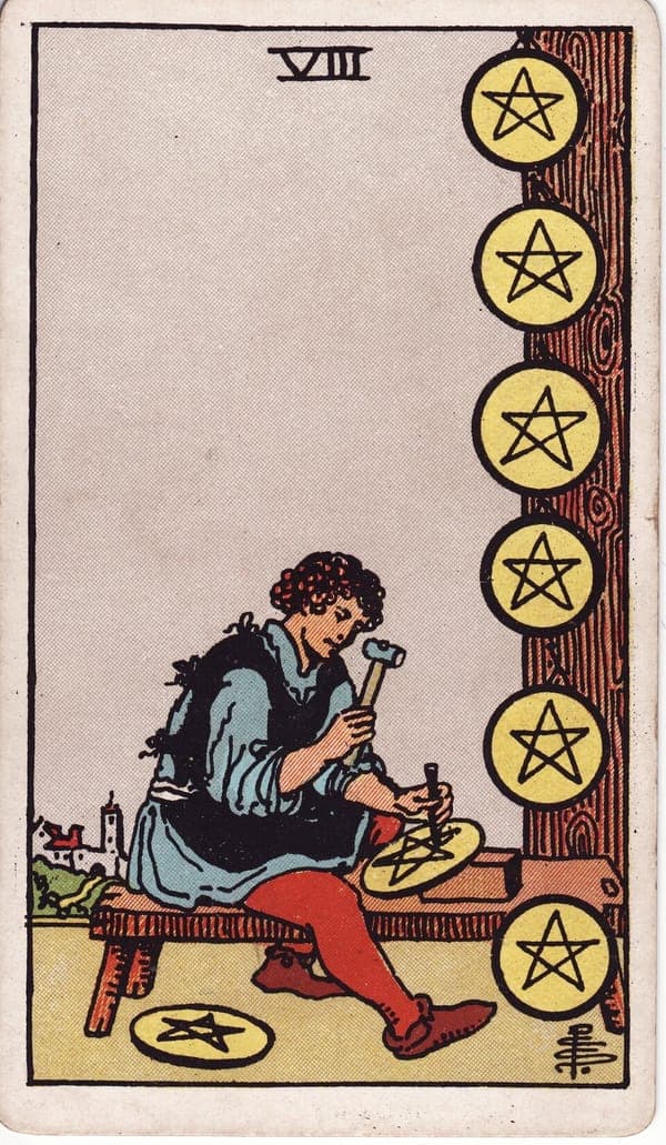 Eight of Pentacles tarot card: A young craftsman sits on a bench chiselling a pentacle held between his knees, wholly absorbed; five finished coins hang displayed on the post beside him, a sixth waits at his feet.
