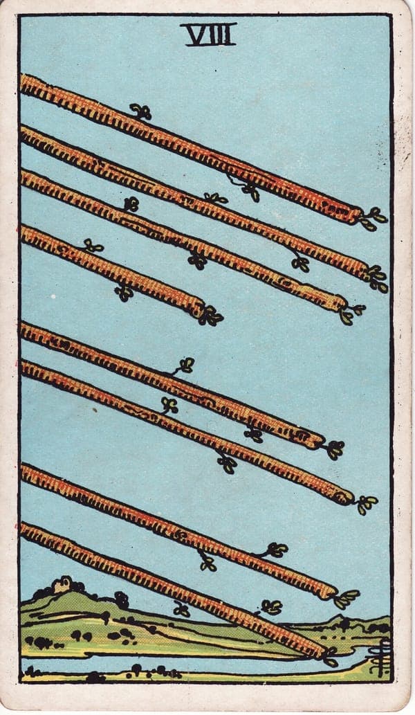 Eight of Wands tarot card: Eight leafed wands streak in parallel across an open sky, angled downward toward a green landscape and calm river — near landing, not launch.