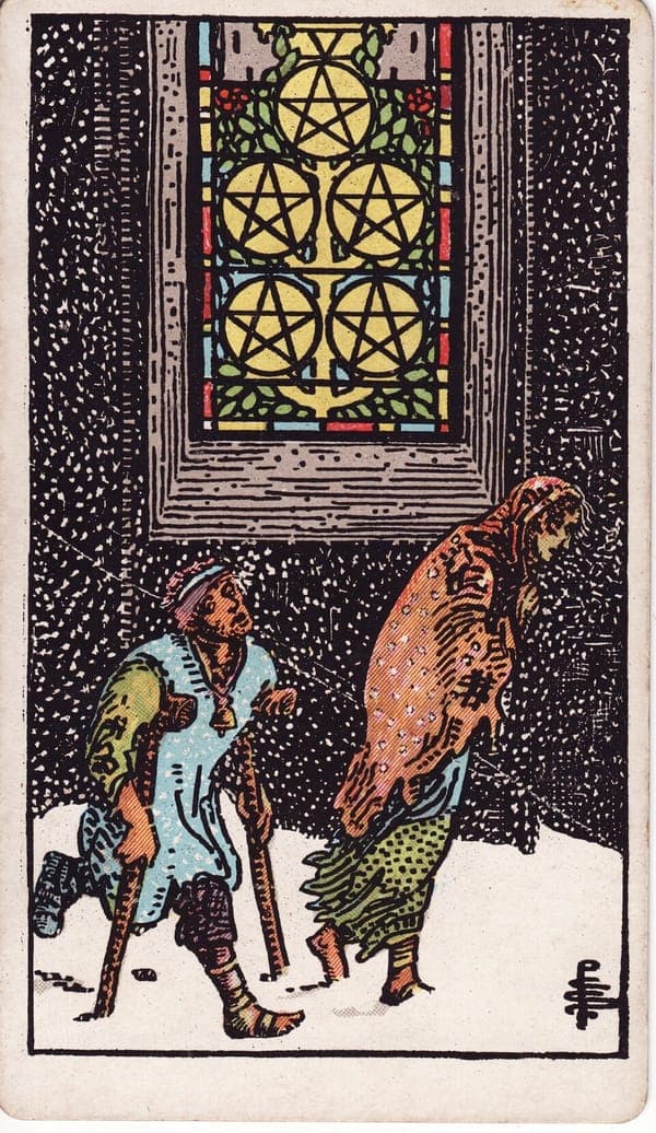 Five of Pentacles tarot card: Snow falls on two figures passing beneath a glowing stained-glass window set with five pentacles in a tree of light.