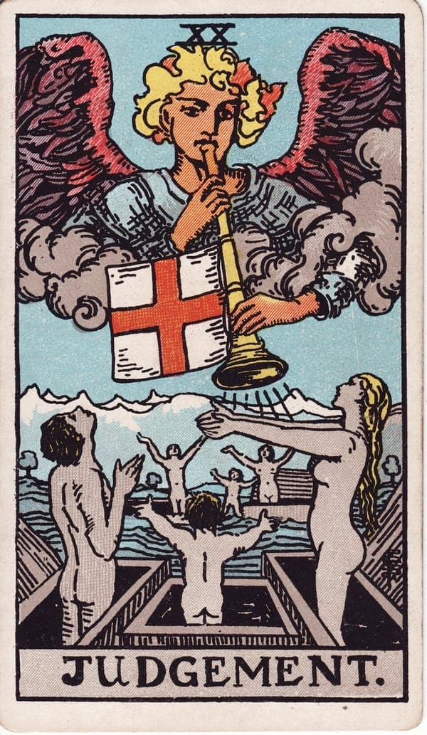 Judgement tarot card — An angel — Gabriel — sounds a trumpet from the clouds, a white flag with a red cross hanging from it
