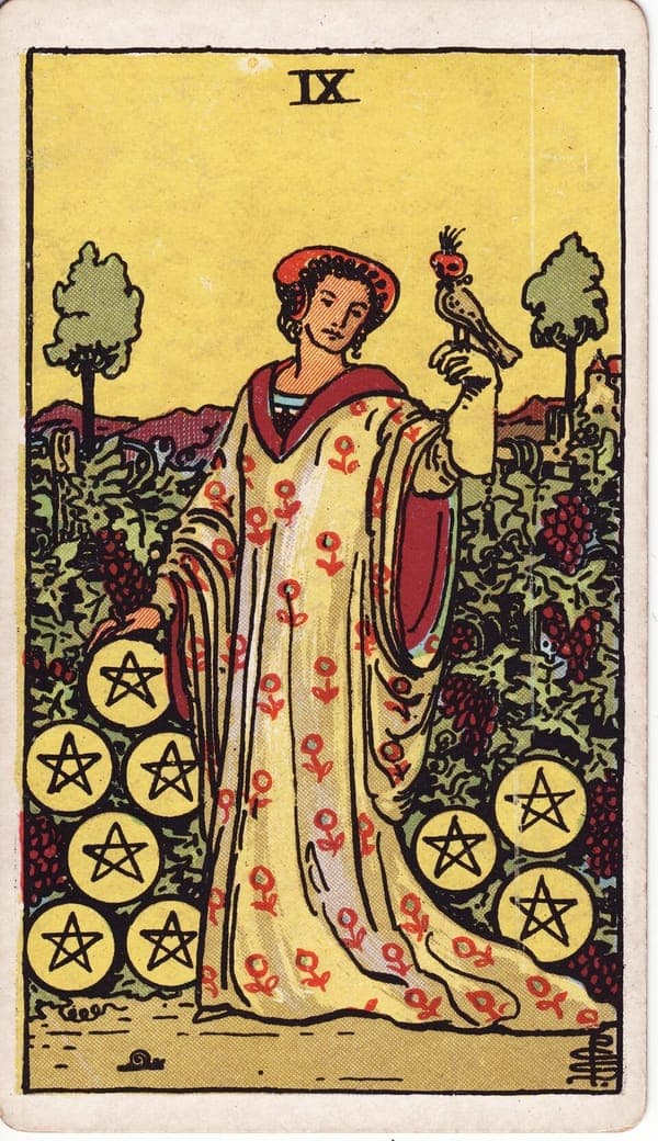 Nine of Pentacles tarot card: A woman in a gold gown embroidered with flowers stands amid vines hung with nine pentacles, a hooded falcon poised on her gloved left hand — instinct mastered, not caged.