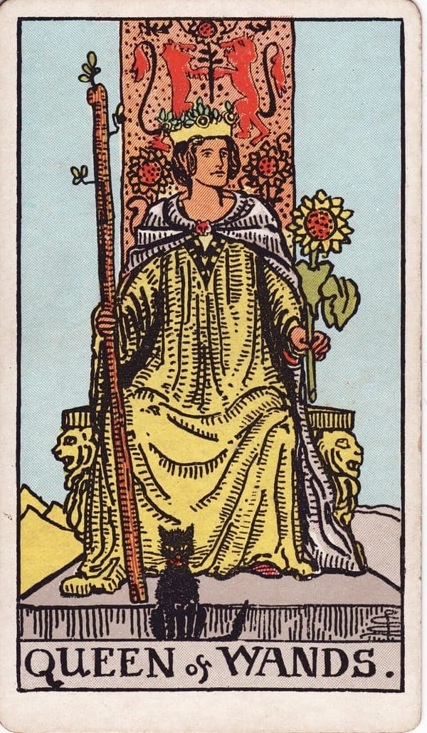 Queen of Wands tarot card: A queen sits open-kneed on a throne carved with lions and sunflowers, a sprouting wand in one hand and a sunflower in the other — fire that feeds, not consumes.