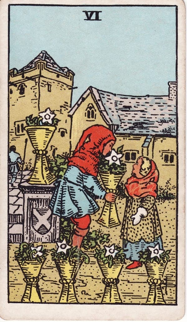 Six of Cups tarot card: In an old courtyard, a larger child offers a smaller one a cup brimming with white flowers — a gift passed down in miniature.