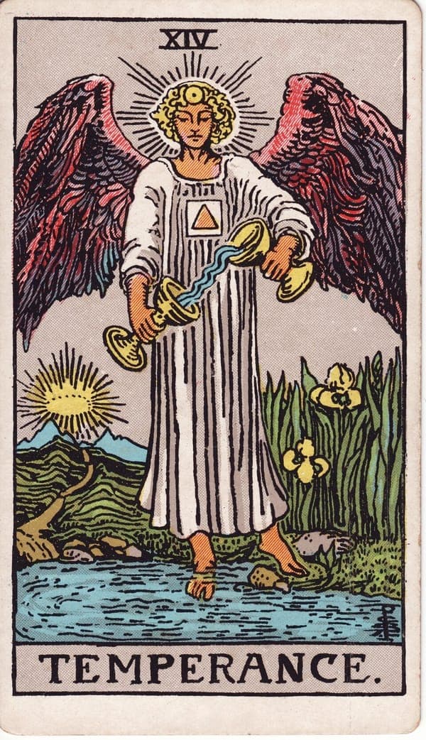 Temperance tarot card: A winged angel stands with one foot on land and one in a pool, pouring water between two golden cups — impossibly, the stream flows upward.