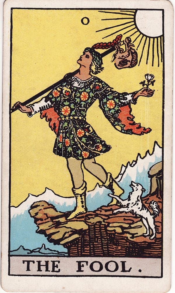 The Fool tarot card — A youthful figure stands at a cliff's edge, face turned to the sky, a small white rose of innocence 