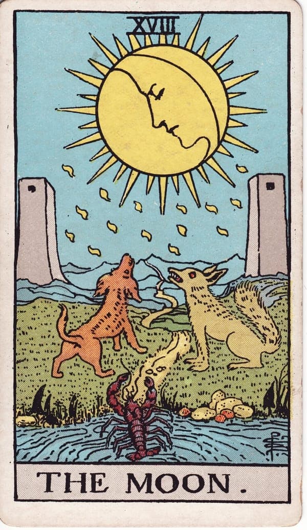 The Moon tarot card — A full moon with a pensive face rains dew over a night path that winds between two towers toward dis