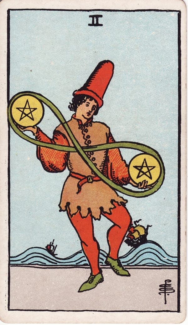 Two of Pentacles tarot card: A young man in a tall red hat dances on one foot, juggling two large coins bound in a green figure-of-eight — infinity looped around finite resources.