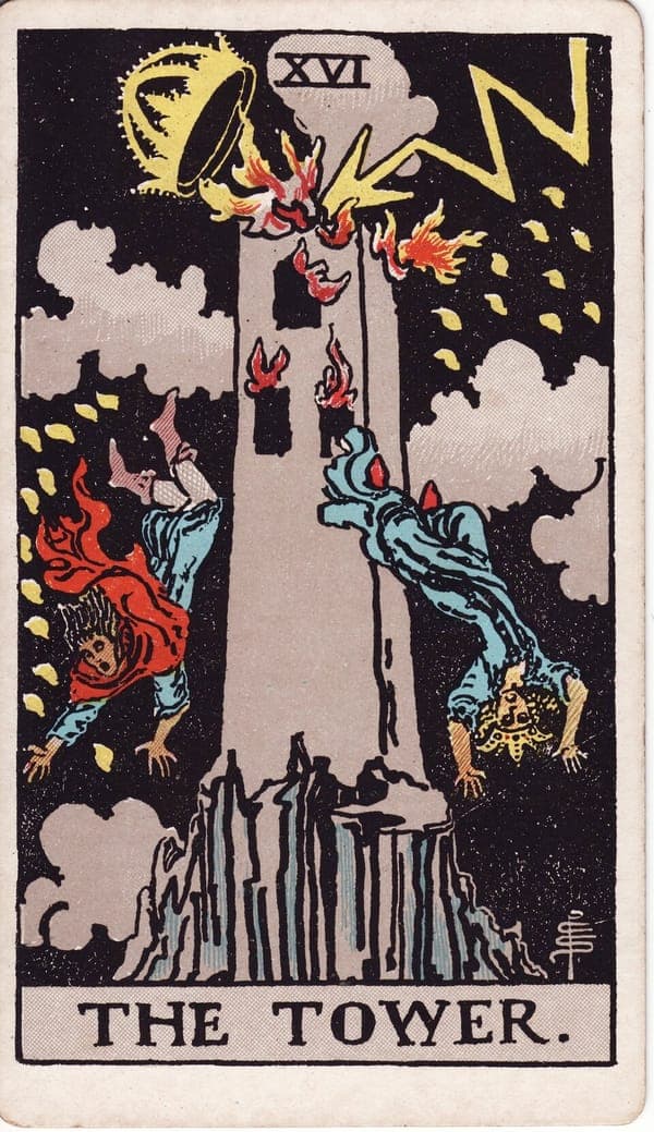 The Tower tarot card — Lightning strikes a crowned tower built on a jagged peak, blasting the golden crown from its top — f